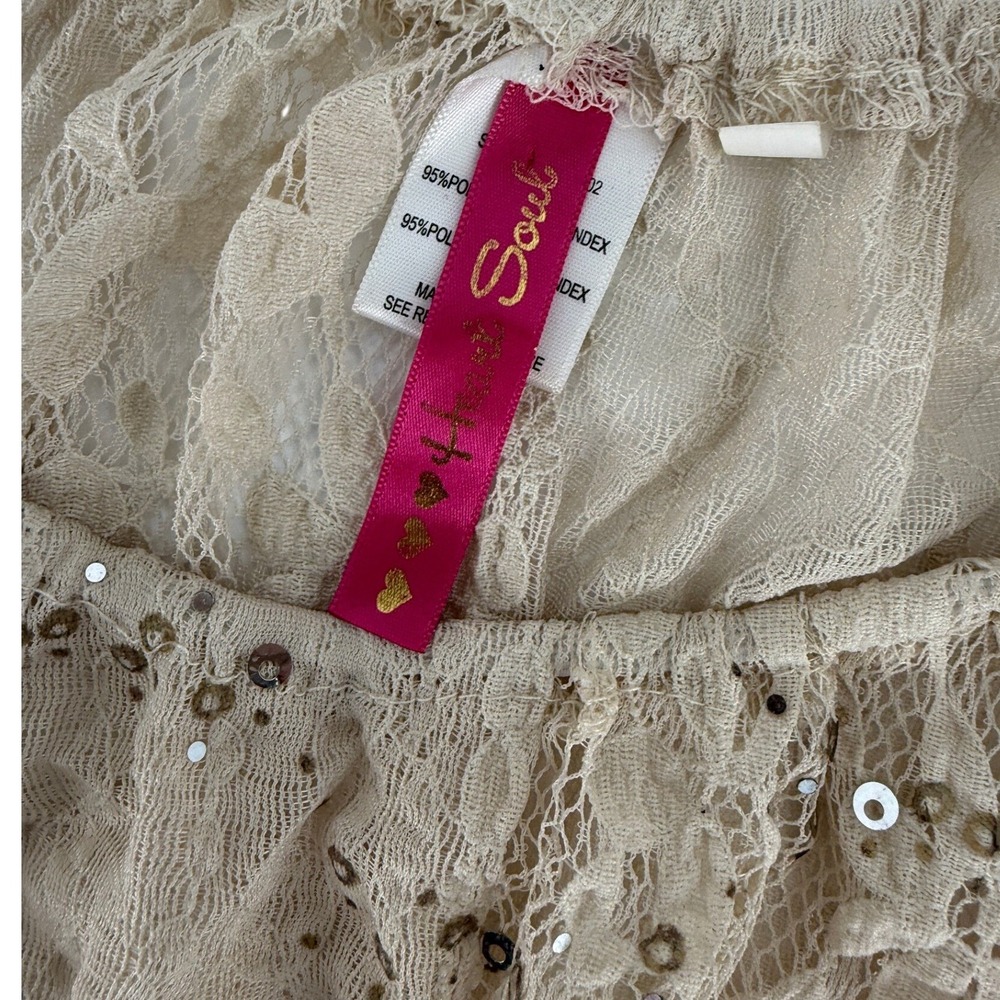 Heart Soul Y2K Lace Sequin Tan Smocked Waist Short Sleeve Romantic Fairy Top XL - Picture 7 of 7